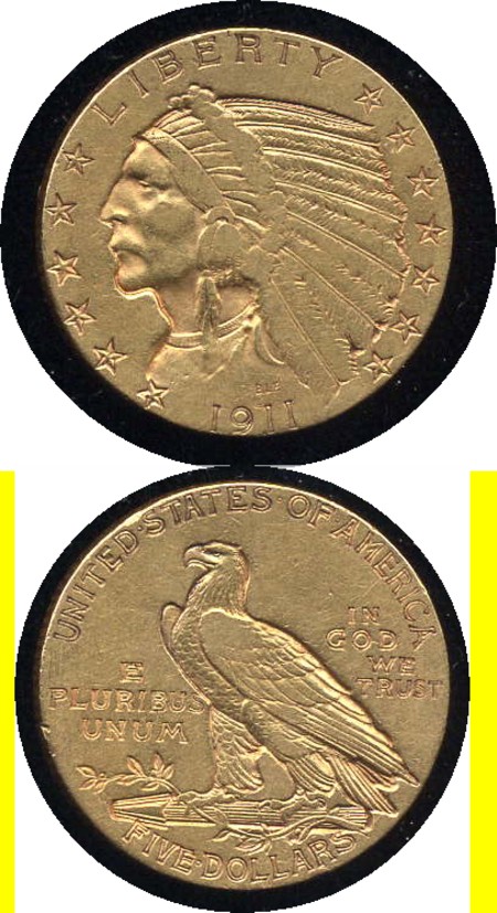 1911 $5.00 GOLD INDIAN- VERY POPULAR- NO RESERVE!!!